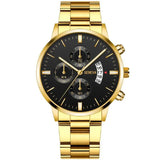 Relógio de pulso masculino de luxo em aço inoxidável com calendário e mecanismo de quartzo. Relógio de pulso masculino elegante para negócios.