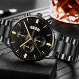 Relógio de pulso de luxo para homem com calendário, em aço inoxidável, modelo 2025, com mecanismo de quartzo. Ideal para negócios.