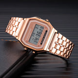 Relógio feminino de luxo em silicone dourado rosê, relógio digital LED feminino casual.