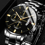Relógio de pulso masculino de luxo em aço inoxidável com calendário e mecanismo de quartzo. Relógio de pulso masculino elegante para negócios.