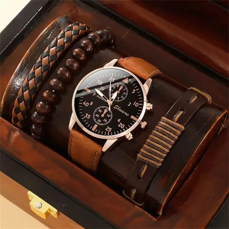 Novo conjunto de relógio masculino de luxo com pulseira, elegante e sofisticado, em couro marrom, com mecanismo de quartzo. Ideal para presentear.