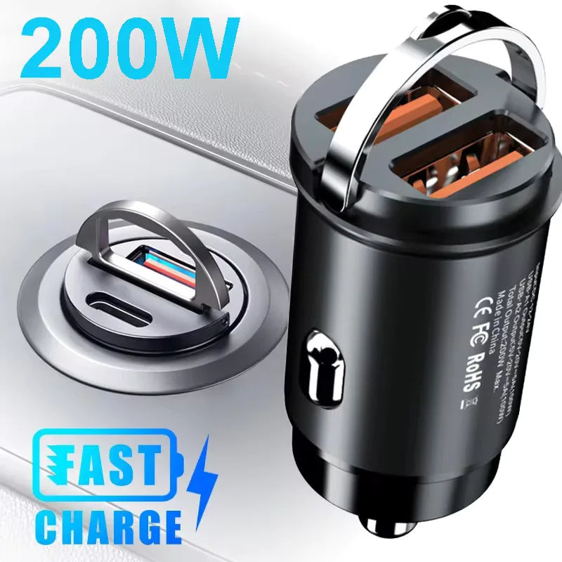 Carregador veicular mini QC3.0 PD 100W/200W 12-24V com carregamento rápido para isqueiro e entrada USB tipo C para Xiaomi, Samsung, Huawei e iPhone.