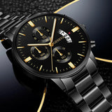 Relógio de pulso masculino de luxo em aço inoxidável com calendário e mecanismo de quartzo. Relógio de pulso masculino elegante para negócios.