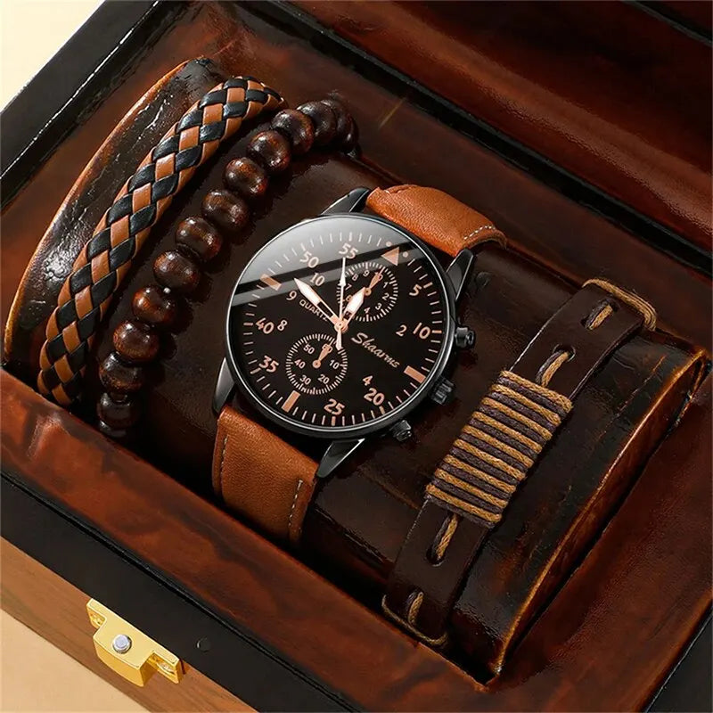 Novo conjunto de relógio masculino de luxo com pulseira, elegante e sofisticado, em couro marrom, com mecanismo de quartzo. Ideal para presentear.